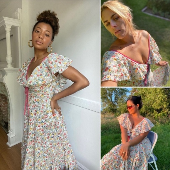 Doen Audette Cotton Ruffle Bow Ribbon Floral V Neck Maxi Dress Sunrise Blooms - Picture 8 of 16